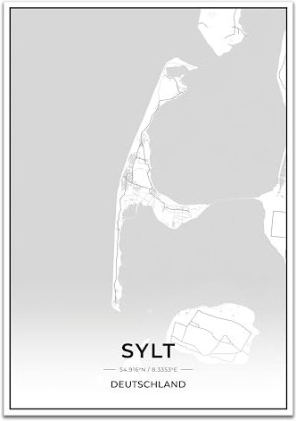 Vacentures Sylt Karten Poster - Premium Wandbild ohne Bilderrahmen I Moderne Wanddeko für Wohnzimmer oder Schlafzimmer I Hochwertiger Druck (Schwarz Weiss, 50x70 CM)