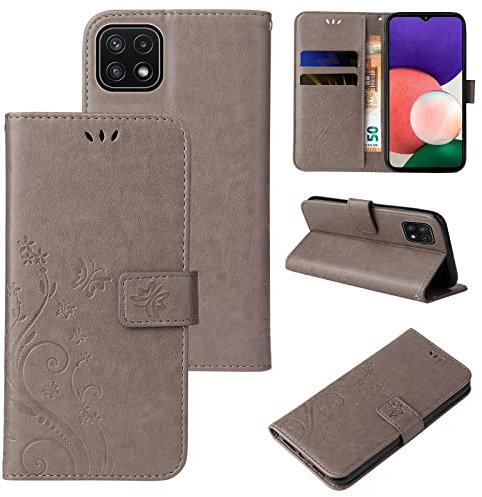 LBH Handy Hülle für Samsung Galaxy A22 5G Case Handytasche Schmetterling Blumen Flower Standfunktion Schutzhülle Magnet Rundum Schutz 360 Grad Flipcase Cover Grau