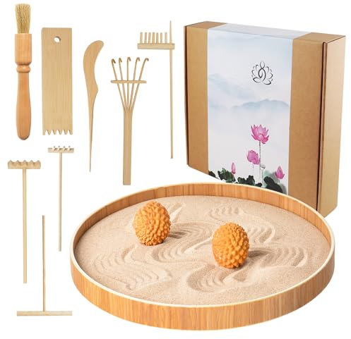 Japanese Zen Garden for Desk, Dorhui Sand Tray Therapy Kit Meditation Gifts - 12”Large Round Bamboo Tray, 7Pcs Mini Zen Garden Rake Kit, Stamp Spheres for Home, Office, and Classroom