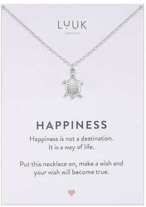 LUUK LIFESTYLE Collier chic avec pendentif tortue, porte-bonheur avec carte HAPPINESS, animal spirituel, cadeau d'anniversaire, argent