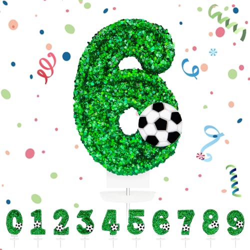 Geburtstagskerzen Zahlen 6,3D Grün Fußball Geburtstagskerzen,Grün Kerzen Geburtstag Zahl 6, Kuchen Topper Dekoration Kuchendeko Geburtstag, Geburtstagskerzen für Geburtstagsdeko Mädchen Jungen