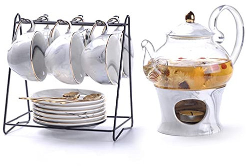 HAVVMK Teeservice aus marmoriertem Porzellan, nordische Keramik-Teetasse und -kanne mit Kerzenhalter, Blumen-Teekannen-Set, Kaffeetasse, Teeservice (B wie abgebildet)