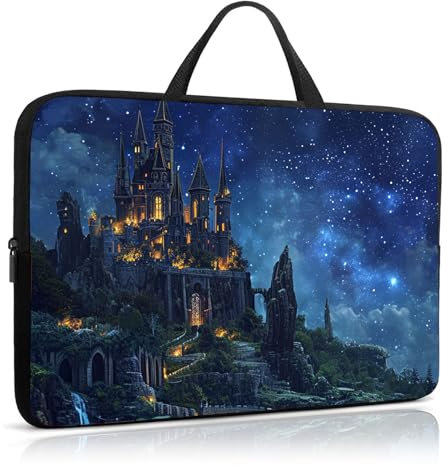Qindaiwen Laptop Sleeve Case 13-14 Inch, Shockproof Protective Cover, Durable Water-Resistant Bag Compatible for MacBook, HP, Lenovo, Dell, ASUS, Castle in Nighttime Design