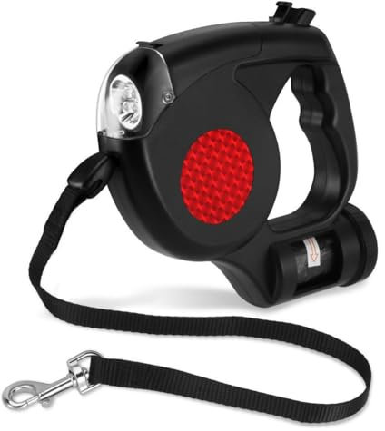 Generisch Hundeleine mit Licht und Kotbeutel Beutelspender, 5m bis 25kg, Rollleine Schwarz
