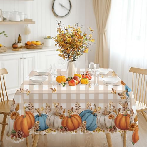iEvery Tischdecke Herbst Abwaschbar 140x180 cm, Erntedankfest Herbsternte Orange Kürbis Tischdecke, Gartentischdecke Eckig Wetterfest Outdoor Table Cloth für Party Halloween Urlaub Dekoration