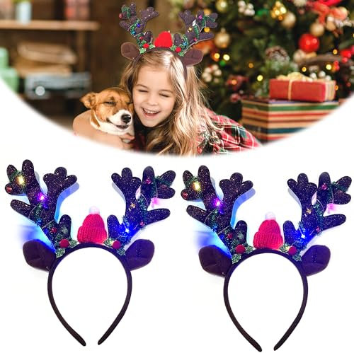 2 Stück Rentiergeweih Stirnband LED Leuchten Haarreifen,Weihnachts haarreif mit LED,Weihnachten Beleuchtete Stirnbänder,Weihnachts Haarschmuck für Kinder erwachsene,Stirnbänder für Weihnachtsfeiern