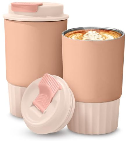 Tazas de café de viaje aisladas de 12 onzas con tapa, taza de café reutilizable de acero inoxidable, termo de viaje, tazas de viaje aisladas para frío y calor (rosa)