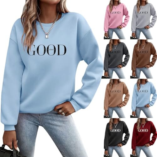Genérico Sudaderas Mujer Manga Larga Cuello Redondo Sudadera sin Capucha Amplio Básico Chic Modernos Deportes Mujer Top Sudadera Informal de Manga Regular con Estampado de Letras