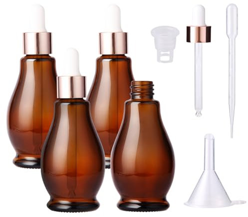 Amber Glass Dropper Bottles with Pipette, 4 X 50 ml Pear Shaped Pipette Dropper Bottle Refillable for Essential Oil Aromatherapy Blends