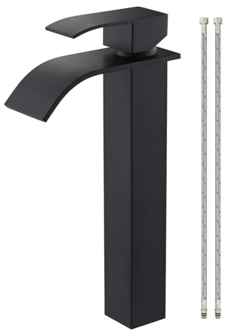 iVIGA Wasserfall Bad Wasserhahn Schwarz, Waschtischarmatur Einhebelmischer Edelstahl Auslauf Höhe 224 Bad Waschbecken Wasserhahn für 1 Loch, Gefäß Basin mixer Mit 60cm Wasserschläuche
