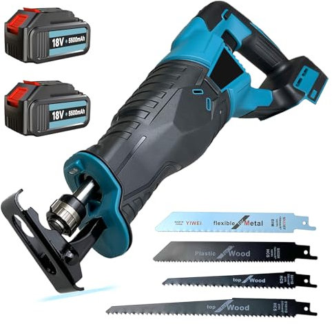 Elektrisch Reciprosäge, Akku Säbelsäge Ersatz für Makita DJR186ZK, Kabellose Reciprosäge mit 2 3,0Ah Akkus und 4 Sägeblätter, Variabler Drehzahl von 0-3500 RPM, 18V Akku Säbelsäge für Sägearbeit