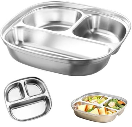 FSSPLJHYJ Plato infantil de acero inoxidable con ventosa, plato de acero inoxidable con ventosa, plato antideslizante para bebés con tres compartimentos y tapa transparente para comidas saludables del