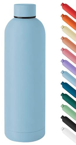 Borraccia Termica Grande 1 Litro Bottiglia Acciaio Inox Inossidabile Doppio Strato 1000 Ml Tappo Antigoccia Bevande Calde Fredde Termos Sistema Sottovuoto Rivestimento Soft Touch - Azzurro