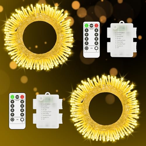LYNNON Lichterkette Außen Batterie 100 LED Lichterkette Innen Wasserdicht Lichterkette Batterie Warmweiß mit Fernbedienung für Outdoor Party Hochzeit Camping Balkon Zimmer deko(2 Stück)