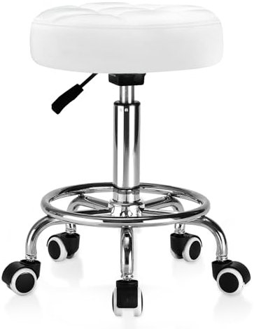 Rollhocker PU Leder Rund Gepolstert, Arbeitshocker Höhenverstellbar Rollen mit Fußstütze , 360° - Drehung Drehocker ，Tragfähigkeit 150kg für Spa Zeichnung Salon Arbeit Büro Tattoo Hocker. (AWeiß)