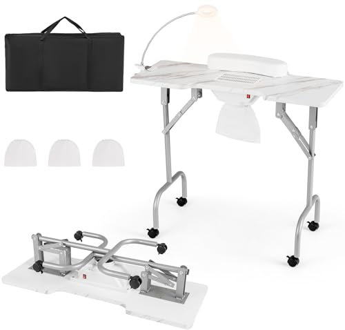 HOMASIS Maniküretisch mit Absaugung & Staubsaugerbeutel, Maniküre Nageltisch mit Rollen, Faltbarer Tragbaresmanikürtisch mit Handkissen & Tragetasche, Mobilesmanikürtisch für Nagelstudios (Weiß)