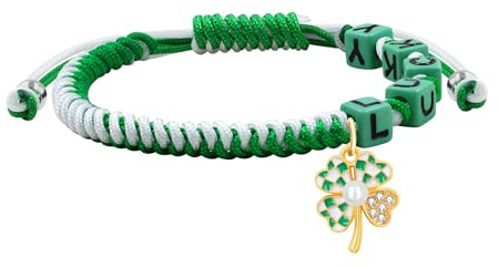 Zircobic Handgewebtes Personalisiertes Buchstaben Armband mit Grünen Kleeblatt Anhänger, Irisches Charme Armband für Männer & Frauen, St. Patrick's Day Schmuck