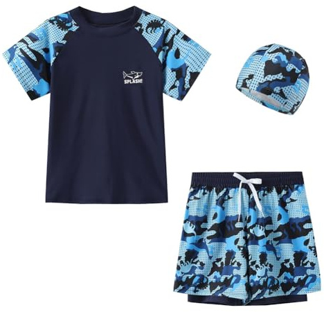 FedMois Traje de Baño para Ninos Conjunto de 3 Piezas Camiseta + Pantalones Cortos + Gorro, Azul, 5 años