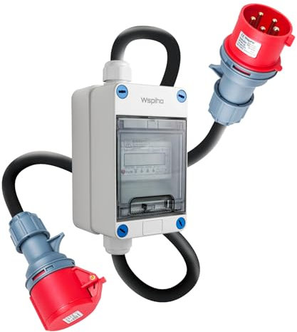 WSPIHO 16A Mobiler Digitaler Stromzähler 3 Phasen mit LED,CEE Adapter 16A auf 16A,IP44 5 Pin Stecker und Kupplung mit 2,5 mm² CEE Verlängerungskabel (16A 1M+1M)