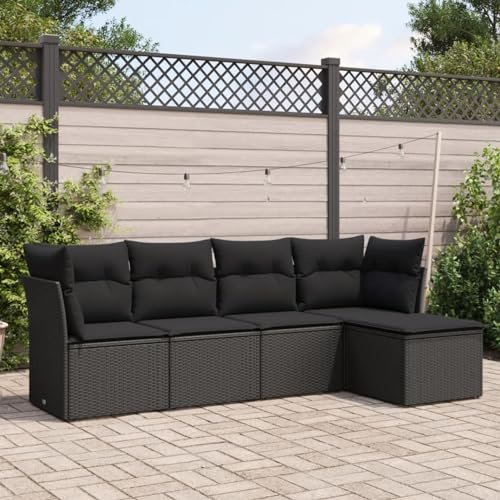 IKAYAA 5-TLG Rattan Gartenmöbel Set, Balkon Lounge, Outdoor Loungemöbel Rattan Sitzlounge Ecklounge Ecksofa Gartensofa Balkonsofa Schwarz Type-55