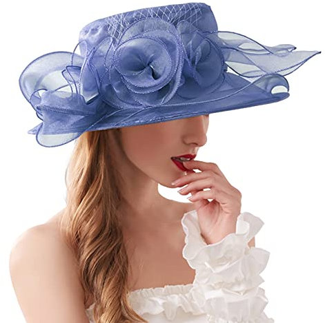 NaLatia Damen-Organzahut mit breiter Krempe und Federn für Kirche, Hochzeiten, Pferderennen Royal Ascot und Strandurlauboder als Sonnenhut Sommer-Neuheiten