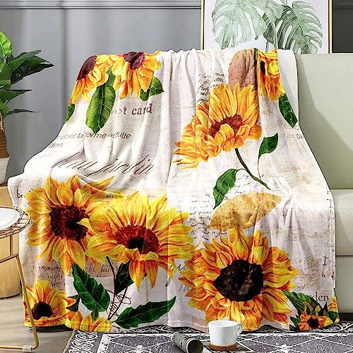 Coperta vintage con girasole, fiori gialli e foglie verdi, coperta floreale, accogliente, calda, morbida, leggera, in pile di flanella, per divano, divano, regalo per donne, 101,6 x 127 cm