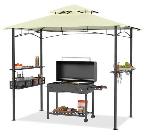 XMTECH Grillpavillon 245x153cm Doppeldach Seitenablagen UV-Schutz Beige