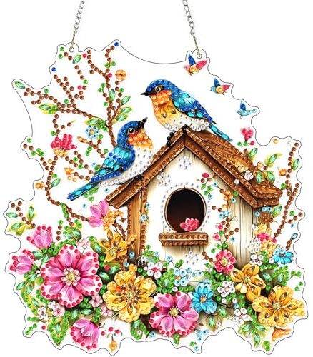 AIRDEA Buntes Vogelhaus Diamond Painting Fensterbilder, 5D Brillante Blumenäste Diamond Painting Fensterbilder Beidseitig, Bausätze für Diamantmalerei Suncatcher Erwachsene 8x7 inch