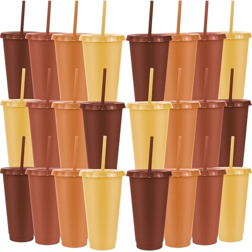 MSYU Lot de 24 grands gobelets en plastique réutilisables avec couvercles et pailles, pour Noël, mariage, fête prénatale, anniversaire (710 ml) (marron)