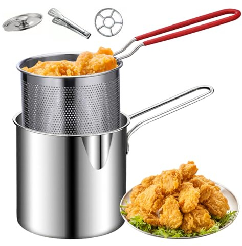 Mini-Fritteuse, Edelstahltopf mit Verbrühschutzgriff und Korb für Tempura-Chips, Pommes Frites, Fisch, Hühnchen