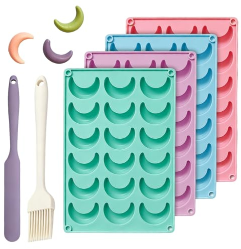 4 Stück Silikonform Vanillekipferl, 18 Mulden Vanillekipferl Backform | 28*19*1.2cm Vanillekipferl Backform Silikon mit Ölbürste Spanner für Schokolade Kekse