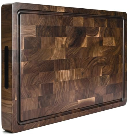 KAAMUT Tagliere di lusso in legno di punta massiccia in noce nero nordamericano – extra spesso e durevole – 45 × 30 × 4 cm – Rigola per succhi e manici – piedini antiscivolo – confezione regalo