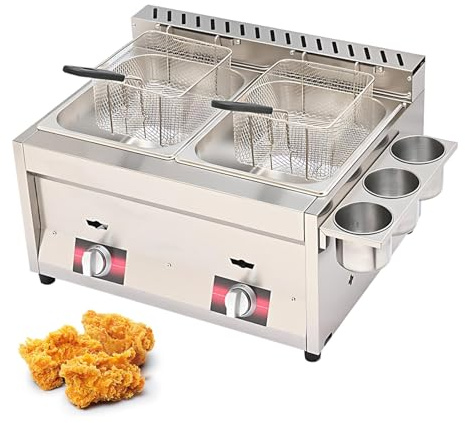 Friggitrice a Gas Inox Friggitrice Professionale Ristorante Da Banco, Vasca Multipla 8l, 16l, 24l, Controllo Indipendente Temperatura per Cucine Professionali(2 tank)