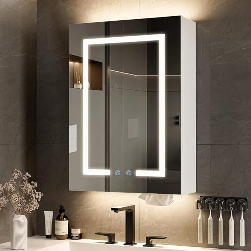 Belandi Bathroom Mirror Cabinets with Led Lights, 45 x 62cm Wall Mounted Medicine Led Mirror Cabinet, 3 Colors Anti Fog, Dimmer, with Adjustable Shelves, Touch Sensor and Vertical Backlight