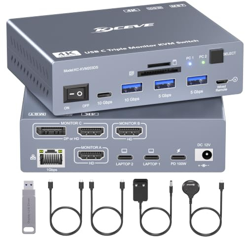 Thunderbolt 4 KVM Switch 3 Monitore 2 Laptops 4K@60Hz, Displaylink USB C Docking Station 3 Monitor KVM für Windows Mac M1 M2 M3 M4, Erweitern 3 Bildschirme,PD 100W,USB 3.0,USB 3.2,SD/TF, 1G Ethernet
