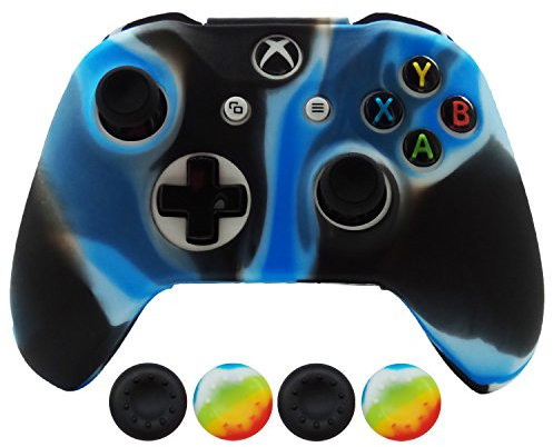 Hikfly Silikon-Controller-Abdeckung, Schutzhüllen-Set für Xbox One X/One S/Slim Controller mit 4 Daumengriff-Kappen (blaue Tarnung)