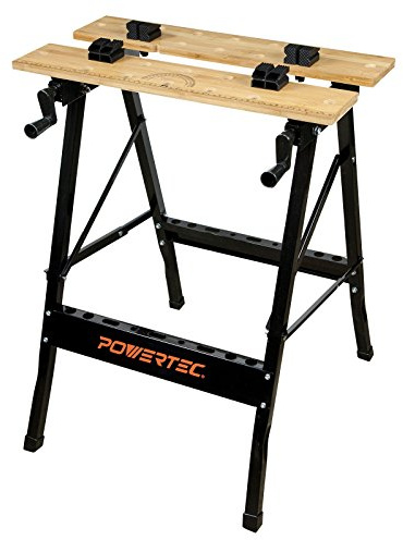 POWERTEC Petit établi portable avec étau, règle imprimée et rapporteur, chevalet de sciage pliable et 4 chiens de banc pour projets de travail du bois (MT4006)