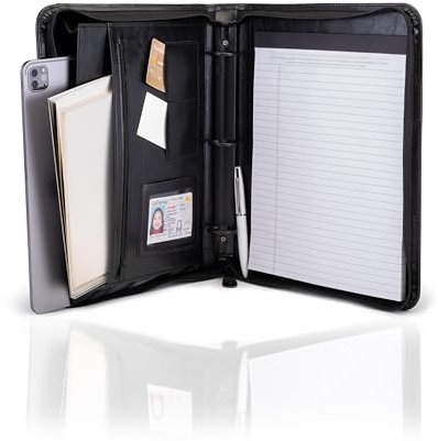 Travigo 3-Ring-Reißverschluss Business Leder Portfolio-Mappe,3.2 cm 3-Ring-Binder Professionelle Business Mappe Lebenslauf Dokument Organizer,Außentasche,2.5,5.1 cm Schreibblock (schwarz)