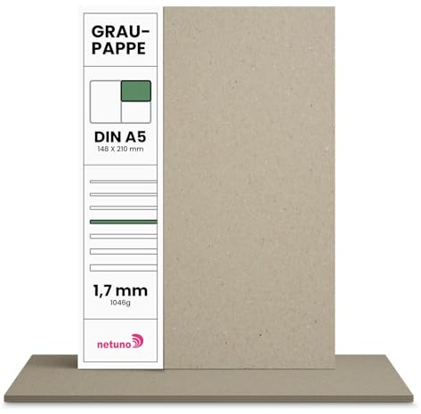 Netuno 20x Grey Cardboard A5 148 x 210 mm 5.8 x 8.3 in 1046gsm 1,7mm Thick Bookbinding Cardboard Rigid Grey paperboard greyboard chipboard Thick Recycled Card for calendars Model Making Packaging DIY