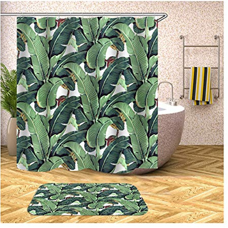 Daesar Badematten Waschbar 40x60 Blätter Pflanze Vintage Duschvorhang 180x200 cm, Badematten Set