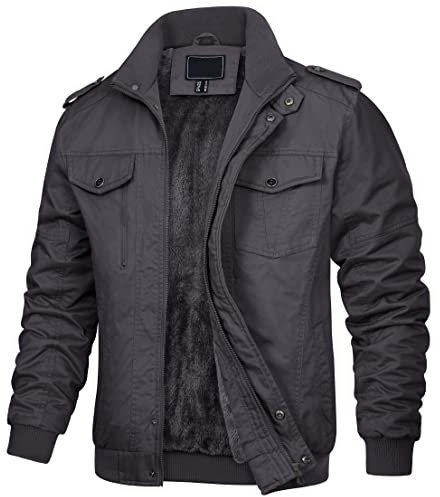 KEFITEVD Men's Winter Warm Fleeced Cargo Jacket Windproof Bomber Work Jackets Autumn Coat, 150 Dark Grey, L