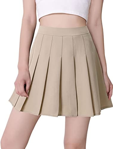 Hoerev Frauen Mädchen Kurze hohe Taille gefaltete Skater Tennis Schule Rock,Solid Beige,XXL - 42