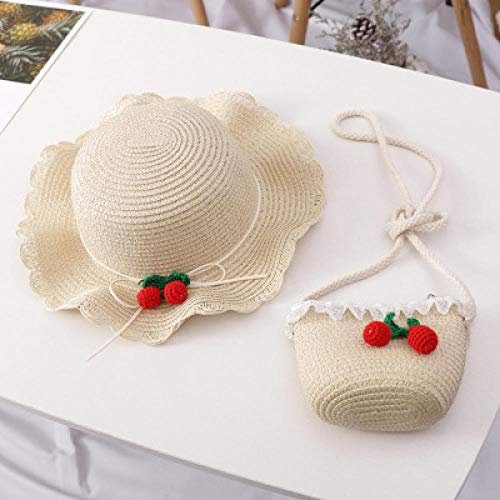 GEEKCOOK Schnell Trocken Fischer Kappe,Neue Sommerkind lässig Strohhut + Handtasche Outdoor Urlaub Kid Mädchen Kirsche Sonnenhut Kappe und Tasche Set-Beige_Kindergröße