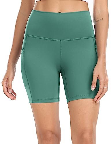 Colorfulkoala Radlerhose Damen mit Taschen Kurze Sporthose Kurze Leggings Hohe Taille Radlershorts für Yoga Gym Shorts Sommer(L, Rauch und Grün)