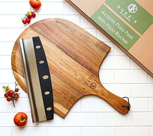 Premium Acacia Pizza Peel (Extra Large) and Rocker Blade Pizza Cutter Set, Pizza Peel 16 inch, Gourmet Wooden Pizza Paddle / Spatula / Board, Size 14 W x16 L, 22 L Overall including handle
