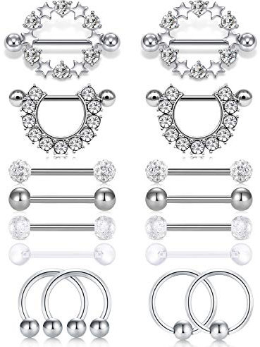 Incaton 14G Anneau de Mamelon en Acier Inoxydable Barbell Nipple CZ Anneaux de Strass Langue de Mamelon Bijoux Piercing de Corps 8 Paires
