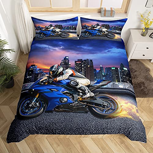 Tbrand Motorrad Muster Bettwäsche Set 135x200cm Teens Cool Motorrad Motorrad Fahrer Betten Set für Kinder Jungen Extremsport Thema Bettbezug Set Modern Stadtgebäude Raumdekoration