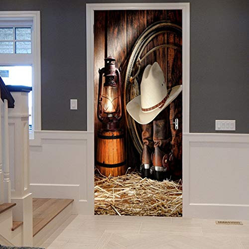 A.Monamour Sticker Porte Autocollant Poster de Porte 3D Cheval Vintage Écurie Lumières Chapeaux De Cowboy Bottes Accessoire Vinyle Affiche de Porte Sticker Mural Papier Peint Art Décor 77 x 200 cm