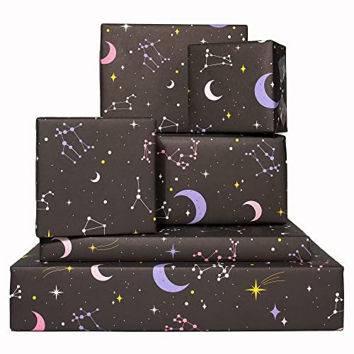 Central 23 - Geschenkpapier Schwarz 70 x 50 cm - 6x Blatt Geschenkverpackung - Mond und Sterne Packpapier für Mädchen Jungen Frauen Männer - Schwarzes Geschenkpapier aus nachhaltigem Papier