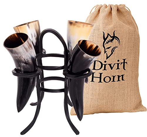 Divit Véritable Corne à Boire Viking avec présentoir en | Corne à Boire de la bière médiévale Authentique | Décorations en Laiton et Pochette Cadeau en Lin incluses.(60 ML, (Set of 4) Iron Display)